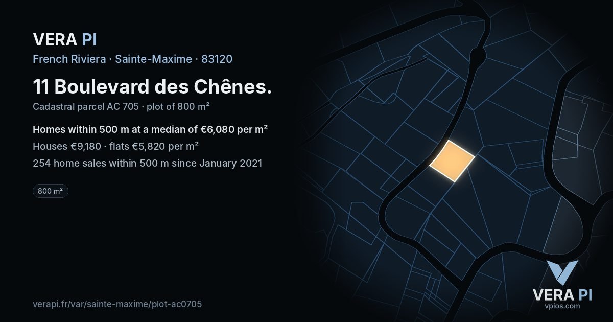 11 Boulevard des Chênes, Sainte-Maxime at night – the plot lit, the parcels around coloured by the prices near them