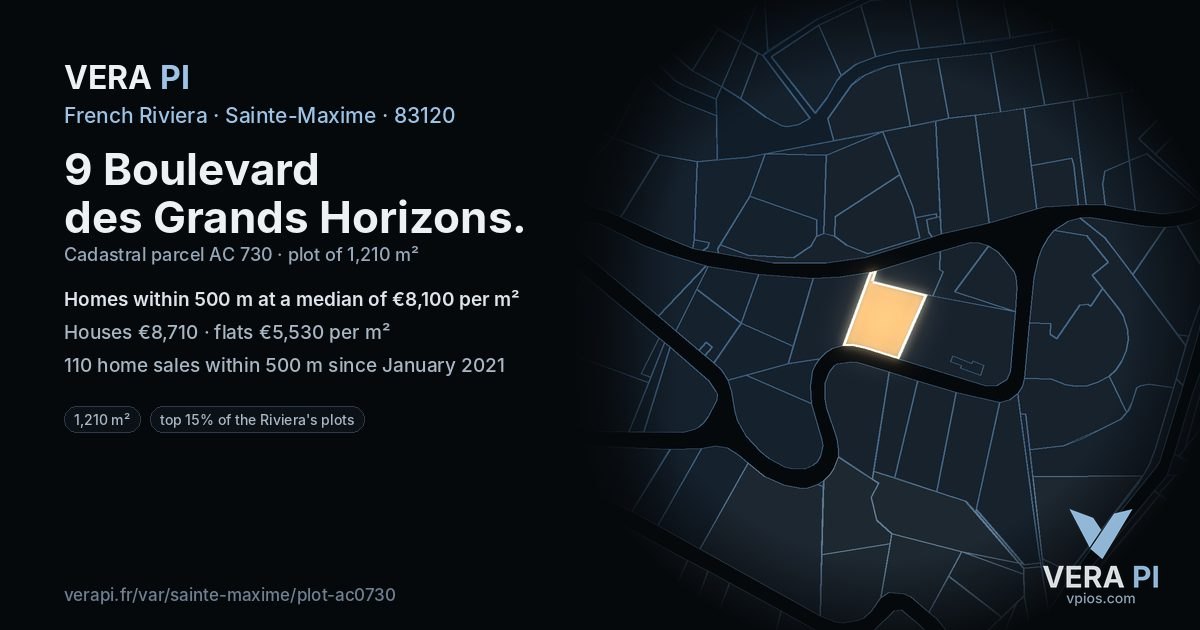 9 Boulevard des Grands Horizons, Sainte-Maxime at night – the plot lit, the parcels around coloured by the prices near them