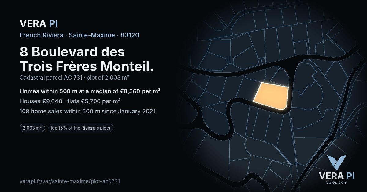8 Boulevard des Trois Frères Monteil, Sainte-Maxime at night – the plot lit, the parcels around coloured by the prices near them