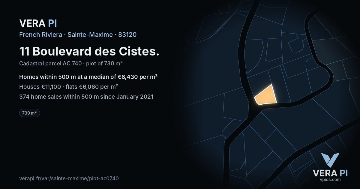 11 Boulevard des Cistes, Sainte-Maxime at night – the plot lit, the parcels around coloured by the prices near them