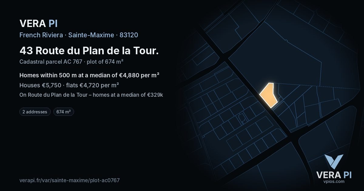 43 Route du Plan de la Tour, Sainte-Maxime at night – the plot lit, the parcels around coloured by the prices near them