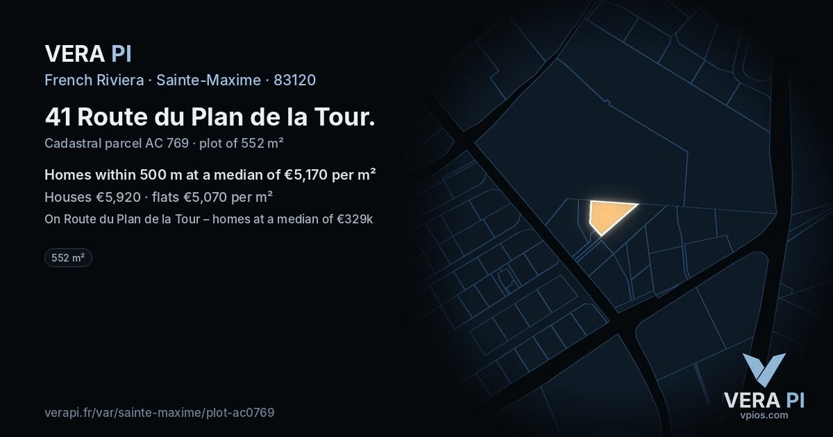 41 Route du Plan de la Tour, Sainte-Maxime at night – the plot lit, the parcels around coloured by the prices near them