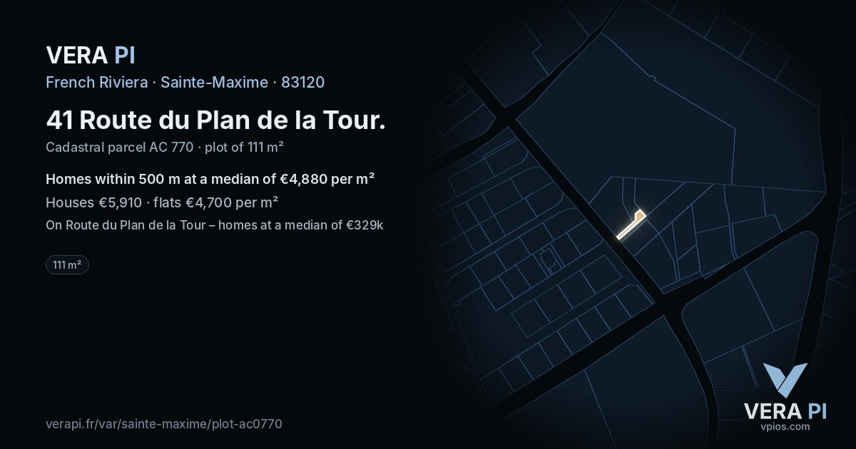 41 Route du Plan de la Tour, Sainte-Maxime at night – the plot lit, the parcels around coloured by the prices near them