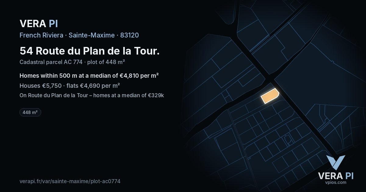 54 Route du Plan de la Tour, Sainte-Maxime at night – the plot lit, the parcels around coloured by the prices near them