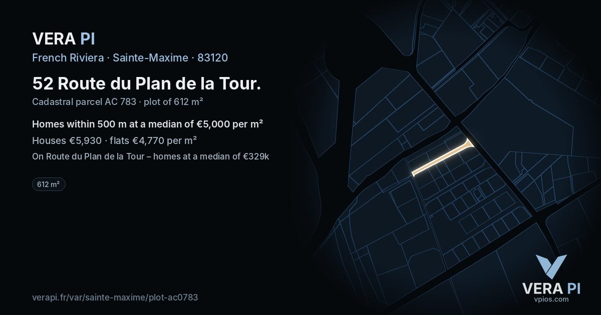 52 Route du Plan de la Tour, Sainte-Maxime at night – the plot lit, the parcels around coloured by the prices near them