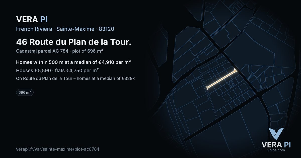 46 Route du Plan de la Tour, Sainte-Maxime at night – the plot lit, the parcels around coloured by the prices near them