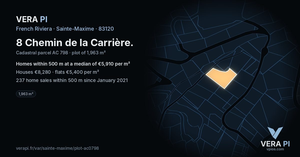 8 Chemin de la Carrière, Sainte-Maxime at night – the plot lit, the parcels around coloured by the prices near them
