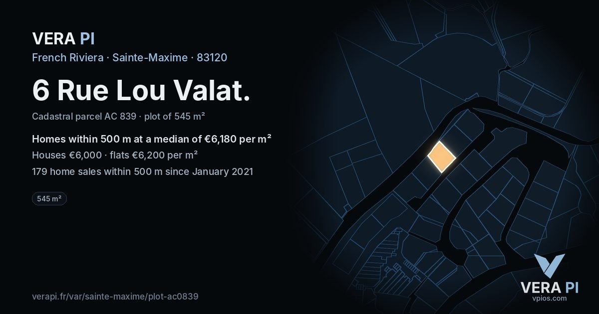6 Rue Lou Valat, Sainte-Maxime at night – the plot lit, the parcels around coloured by the prices near them