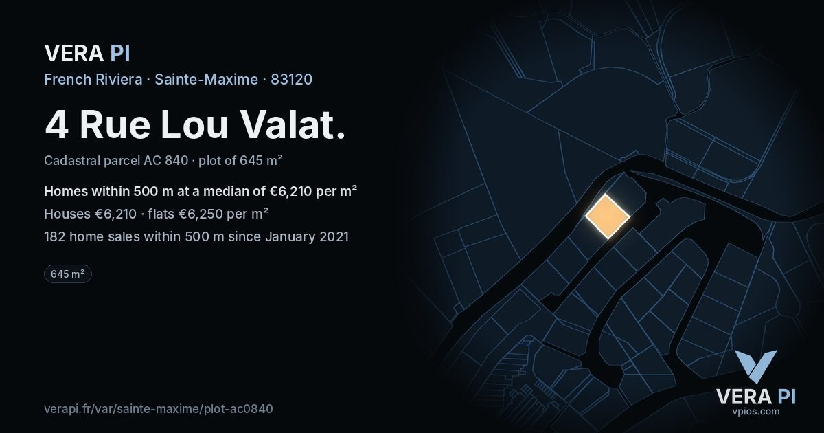 4 Rue Lou Valat, Sainte-Maxime at night – the plot lit, the parcels around coloured by the prices near them