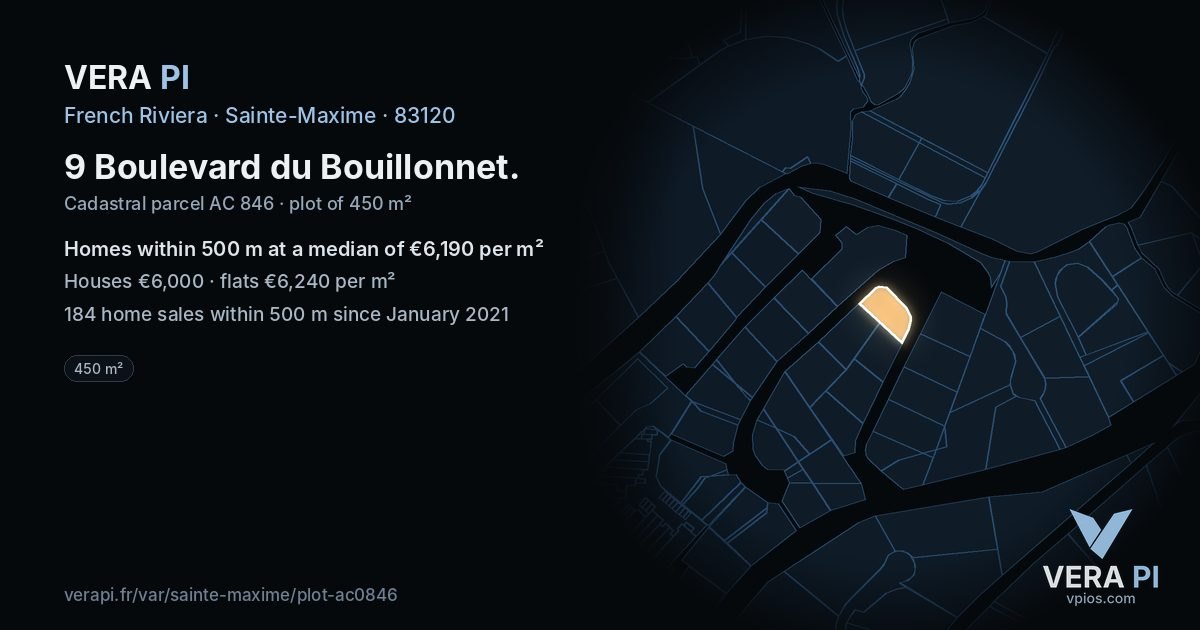 9 Boulevard du Bouillonnet, Sainte-Maxime at night – the plot lit, the parcels around coloured by the prices near them