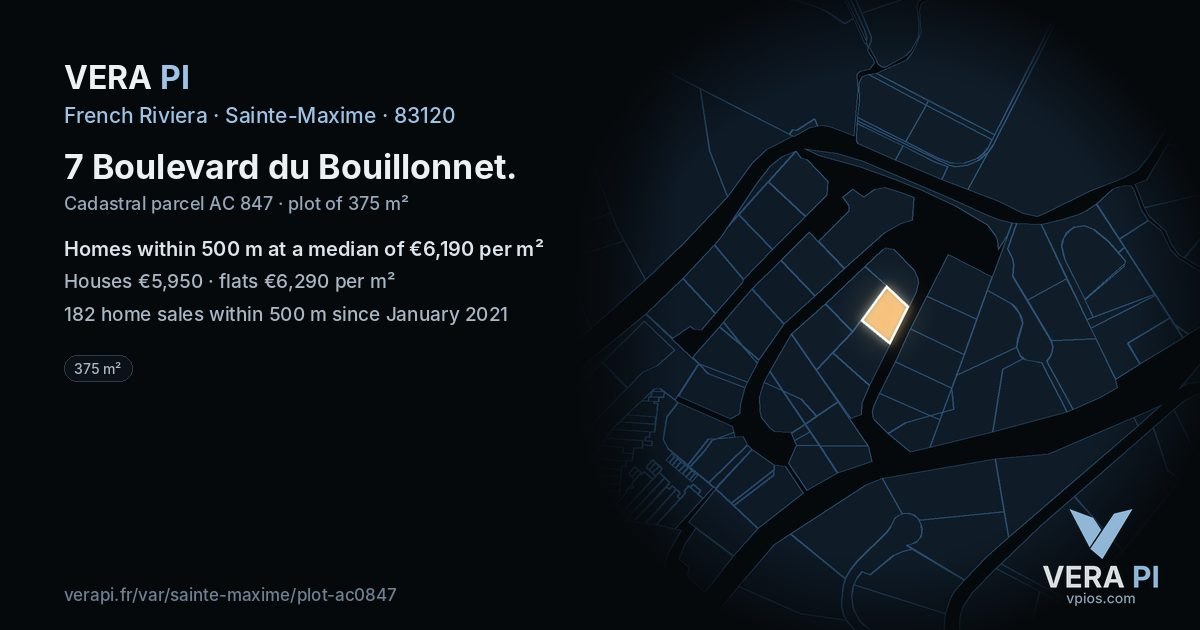 7 Boulevard du Bouillonnet, Sainte-Maxime at night – the plot lit, the parcels around coloured by the prices near them