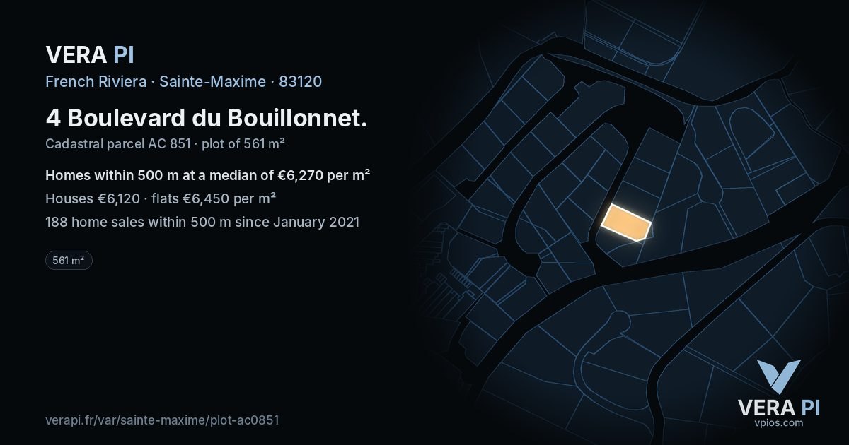 4 Boulevard du Bouillonnet, Sainte-Maxime at night – the plot lit, the parcels around coloured by the prices near them