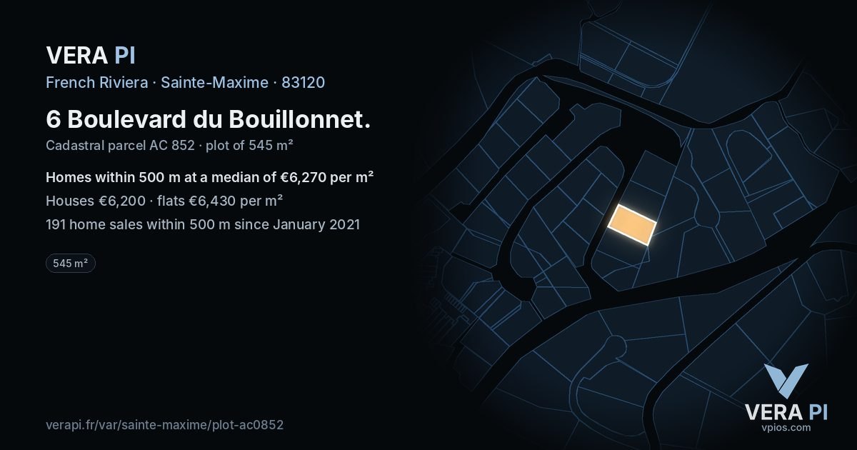 6 Boulevard du Bouillonnet, Sainte-Maxime at night – the plot lit, the parcels around coloured by the prices near them