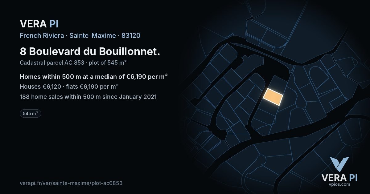 8 Boulevard du Bouillonnet, Sainte-Maxime at night – the plot lit, the parcels around coloured by the prices near them