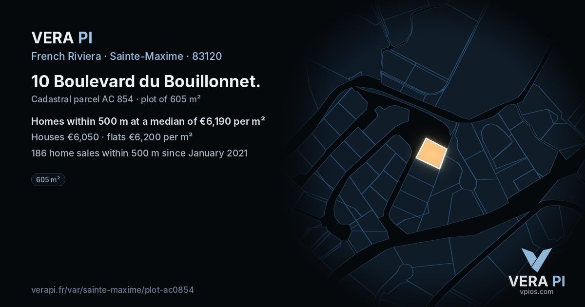 10 Boulevard du Bouillonnet, Sainte-Maxime at night – the plot lit, the parcels around coloured by the prices near them
