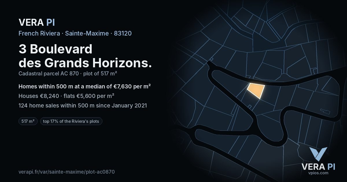 3 Boulevard des Grands Horizons, Sainte-Maxime at night – the plot lit, the parcels around coloured by the prices near them