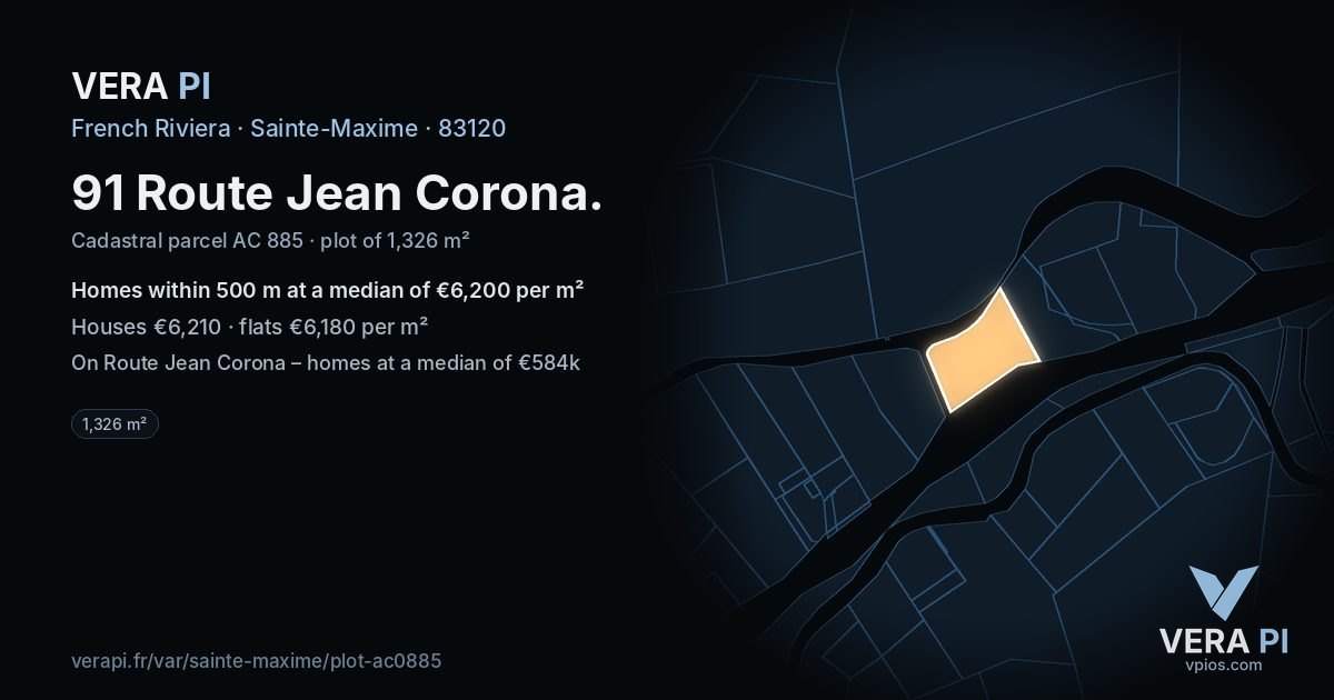 91 Route Jean Corona, Sainte-Maxime at night – the plot lit, the parcels around coloured by the prices near them