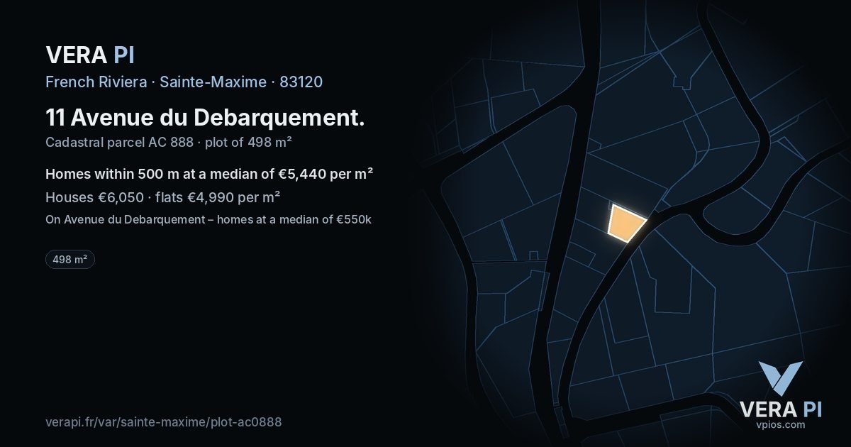 11 Avenue du Debarquement, Sainte-Maxime at night – the plot lit, the parcels around coloured by the prices near them
