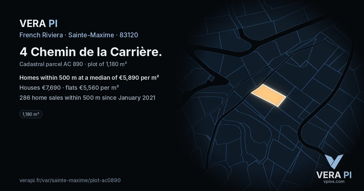 4 Chemin de la Carrière, Sainte-Maxime at night – the plot lit, the parcels around coloured by the prices near them