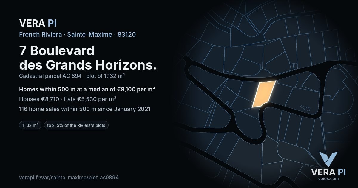 7 Boulevard des Grands Horizons, Sainte-Maxime at night – the plot lit, the parcels around coloured by the prices near them