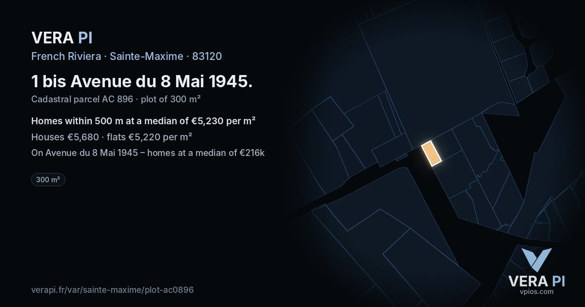 1 bis Avenue du 8 Mai 1945, Sainte-Maxime at night – the plot lit, the parcels around coloured by the prices near them