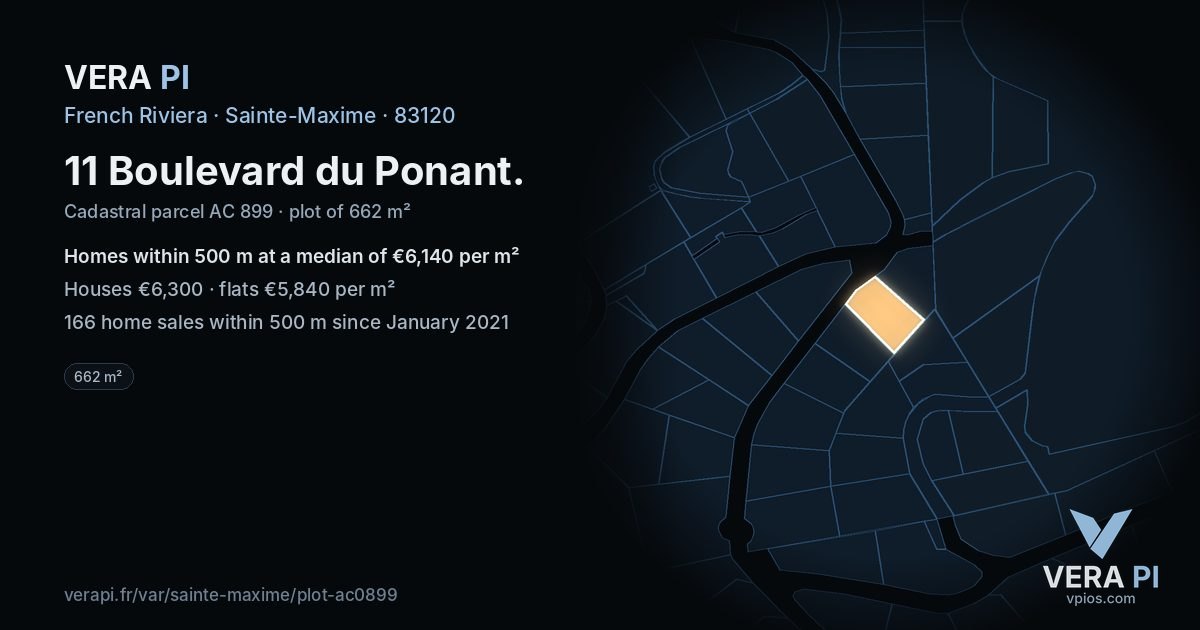 11 Boulevard du Ponant, Sainte-Maxime at night – the plot lit, the parcels around coloured by the prices near them