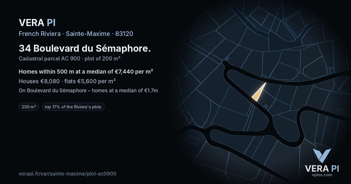 34 Boulevard du Sémaphore, Sainte-Maxime at night – the plot lit, the parcels around coloured by the prices near them