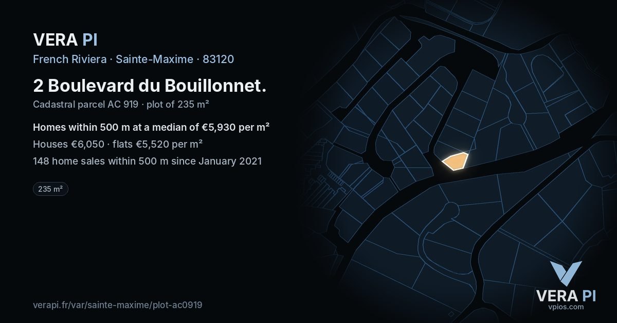 2 Boulevard du Bouillonnet, Sainte-Maxime at night – the plot lit, the parcels around coloured by the prices near them