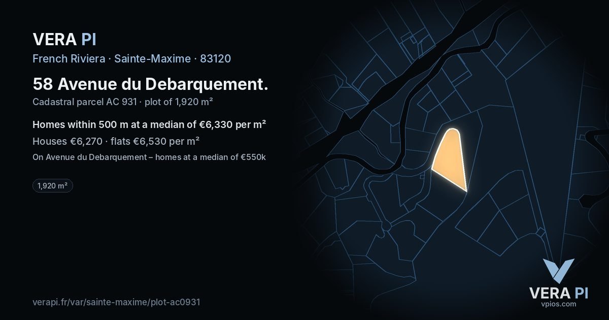 58 Avenue du Debarquement, Sainte-Maxime at night – the plot lit, the parcels around coloured by the prices near them