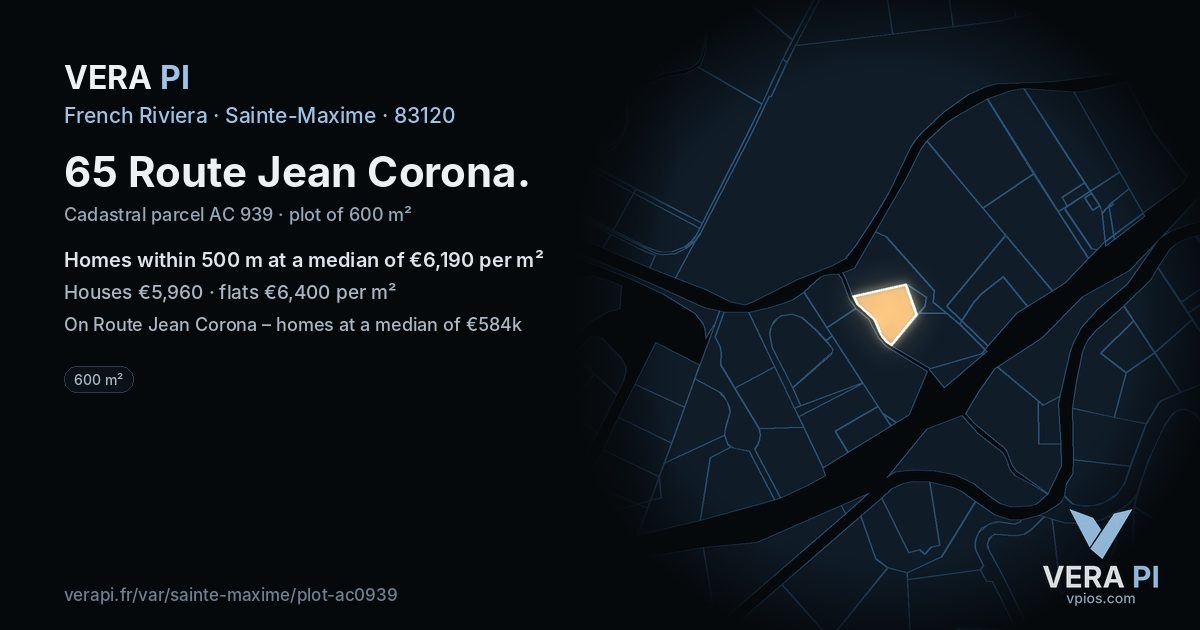 65 Route Jean Corona, Sainte-Maxime at night – the plot lit, the parcels around coloured by the prices near them