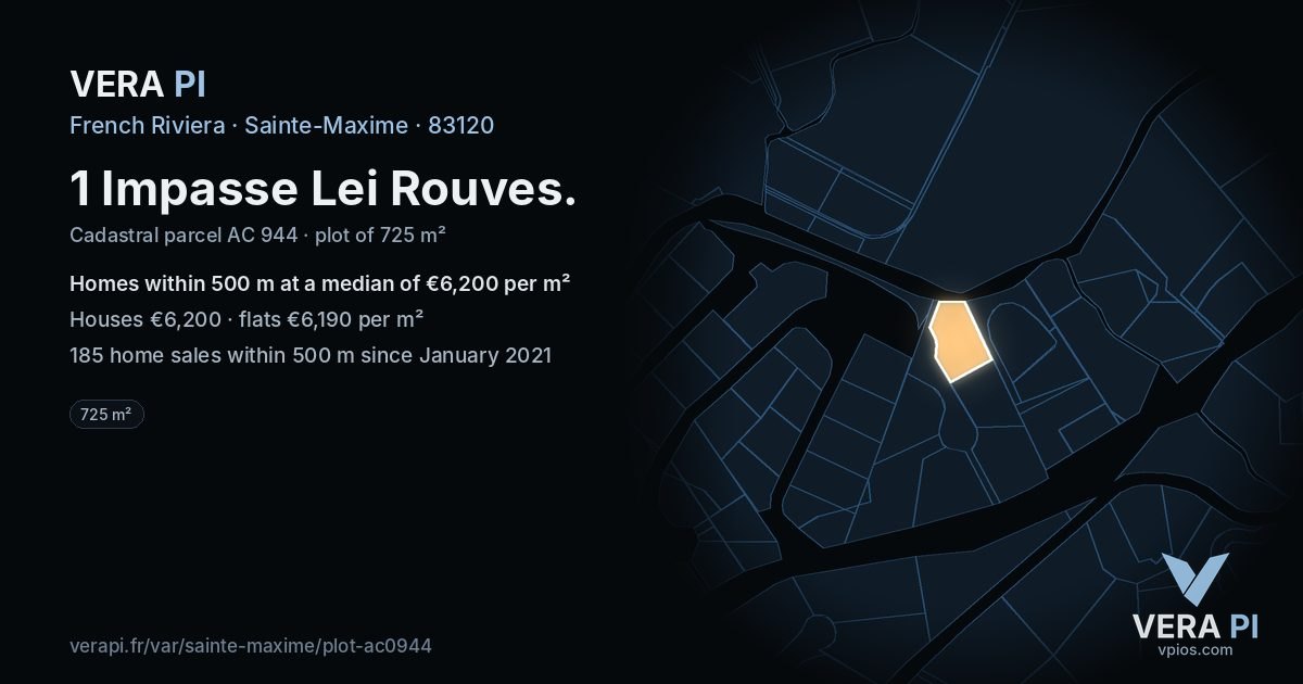 1 Impasse Lei Rouves, Sainte-Maxime at night – the plot lit, the parcels around coloured by the prices near them
