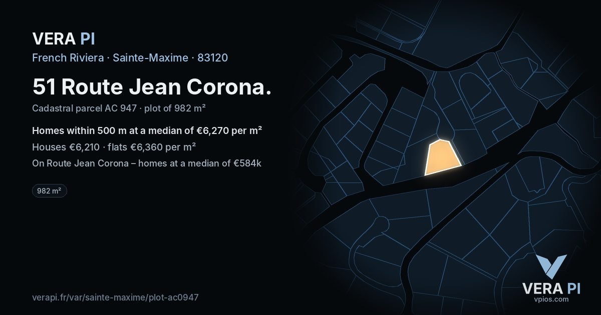 51 Route Jean Corona, Sainte-Maxime at night – the plot lit, the parcels around coloured by the prices near them
