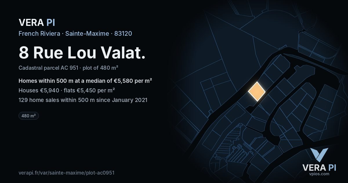 8 Rue Lou Valat, Sainte-Maxime at night – the plot lit, the parcels around coloured by the prices near them