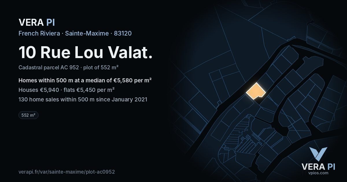 10 Rue Lou Valat, Sainte-Maxime at night – the plot lit, the parcels around coloured by the prices near them