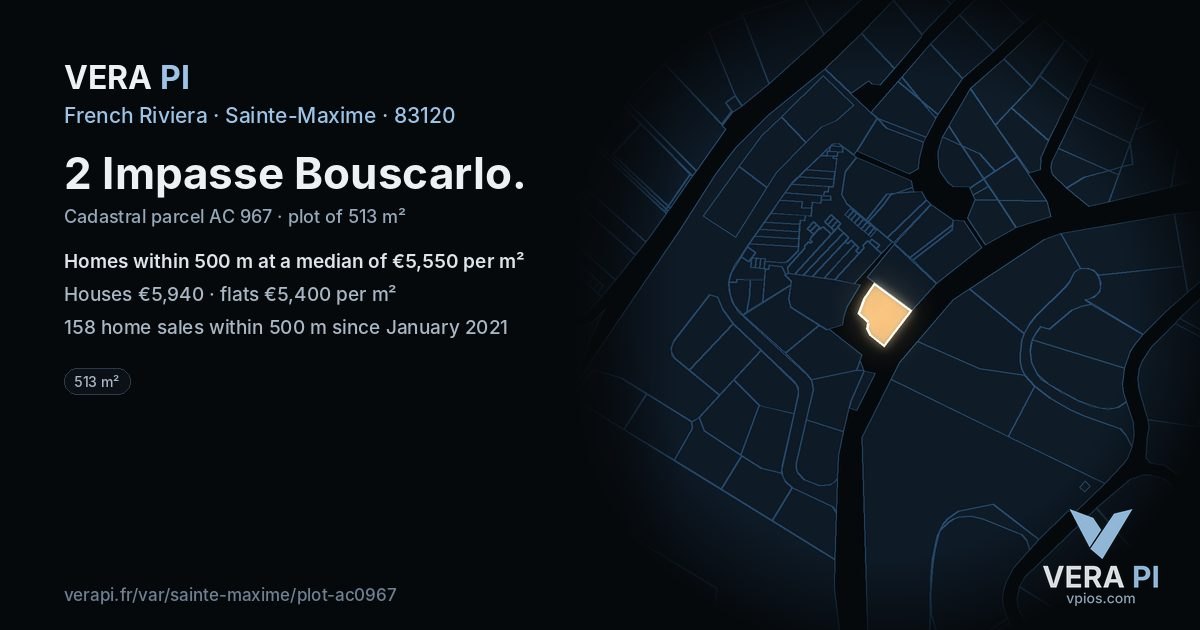2 Impasse Bouscarlo, Sainte-Maxime at night – the plot lit, the parcels around coloured by the prices near them