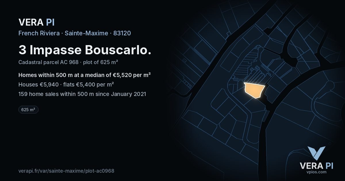 3 Impasse Bouscarlo, Sainte-Maxime at night – the plot lit, the parcels around coloured by the prices near them