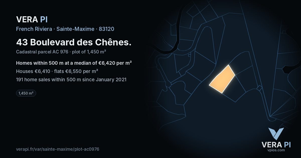 43 Boulevard des Chênes, Sainte-Maxime at night – the plot lit, the parcels around coloured by the prices near them