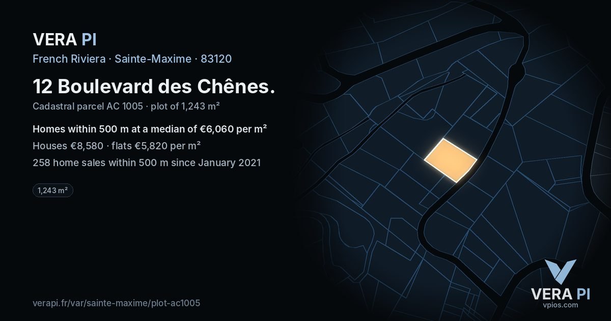 12 Boulevard des Chênes, Sainte-Maxime at night – the plot lit, the parcels around coloured by the prices near them