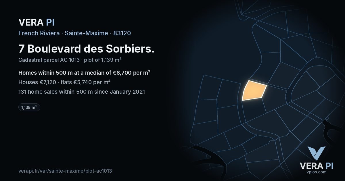 7 Boulevard des Sorbiers, Sainte-Maxime at night – the plot lit, the parcels around coloured by the prices near them