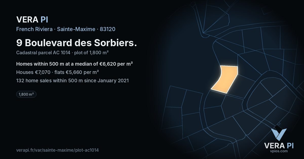 9 Boulevard des Sorbiers, Sainte-Maxime at night – the plot lit, the parcels around coloured by the prices near them