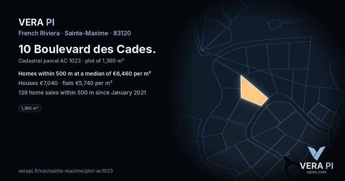 10 Boulevard des Cades, Sainte-Maxime at night – the plot lit, the parcels around coloured by the prices near them
