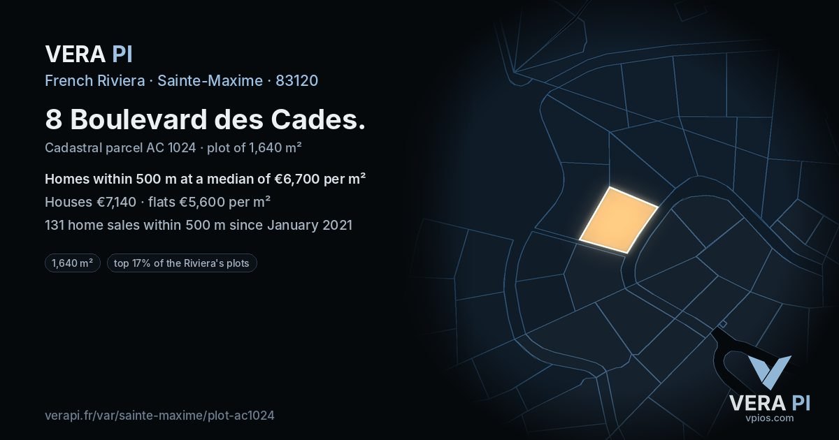 8 Boulevard des Cades, Sainte-Maxime at night – the plot lit, the parcels around coloured by the prices near them