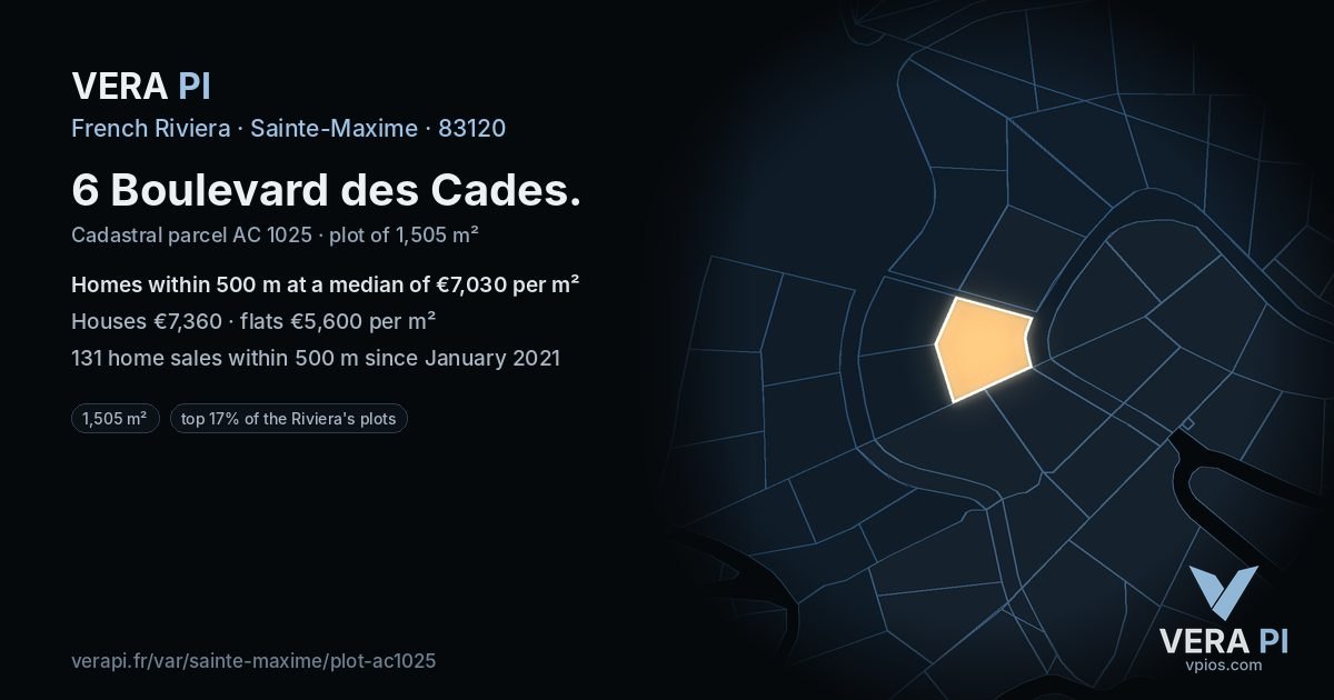 6 Boulevard des Cades, Sainte-Maxime at night – the plot lit, the parcels around coloured by the prices near them