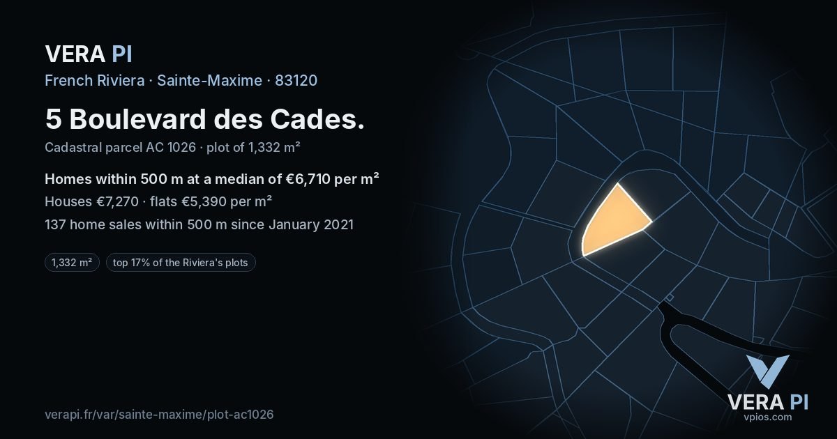 5 Boulevard des Cades, Sainte-Maxime at night – the plot lit, the parcels around coloured by the prices near them