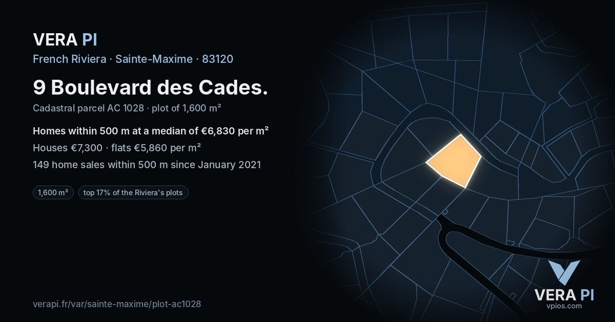 9 Boulevard des Cades, Sainte-Maxime at night – the plot lit, the parcels around coloured by the prices near them