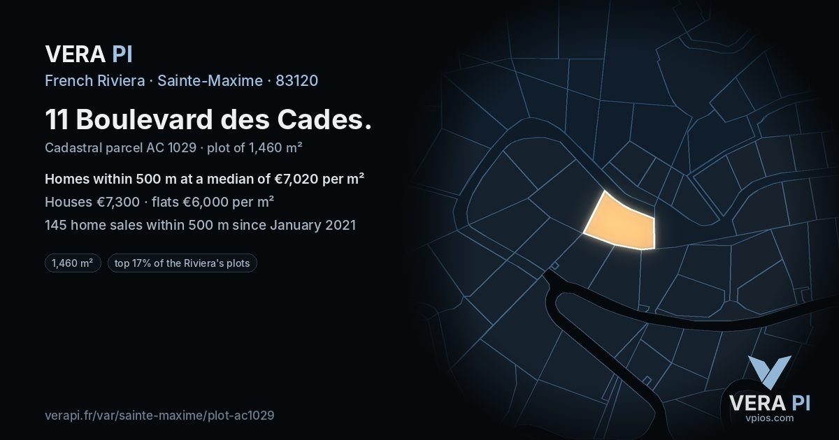 11 Boulevard des Cades, Sainte-Maxime at night – the plot lit, the parcels around coloured by the prices near them