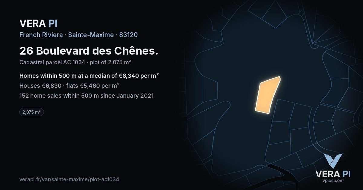 26 Boulevard des Chênes, Sainte-Maxime at night – the plot lit, the parcels around coloured by the prices near them