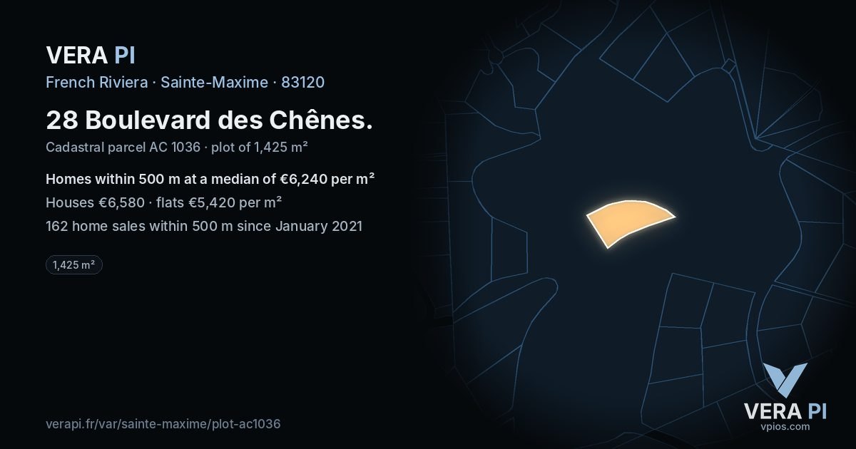 28 Boulevard des Chênes, Sainte-Maxime at night – the plot lit, the parcels around coloured by the prices near them