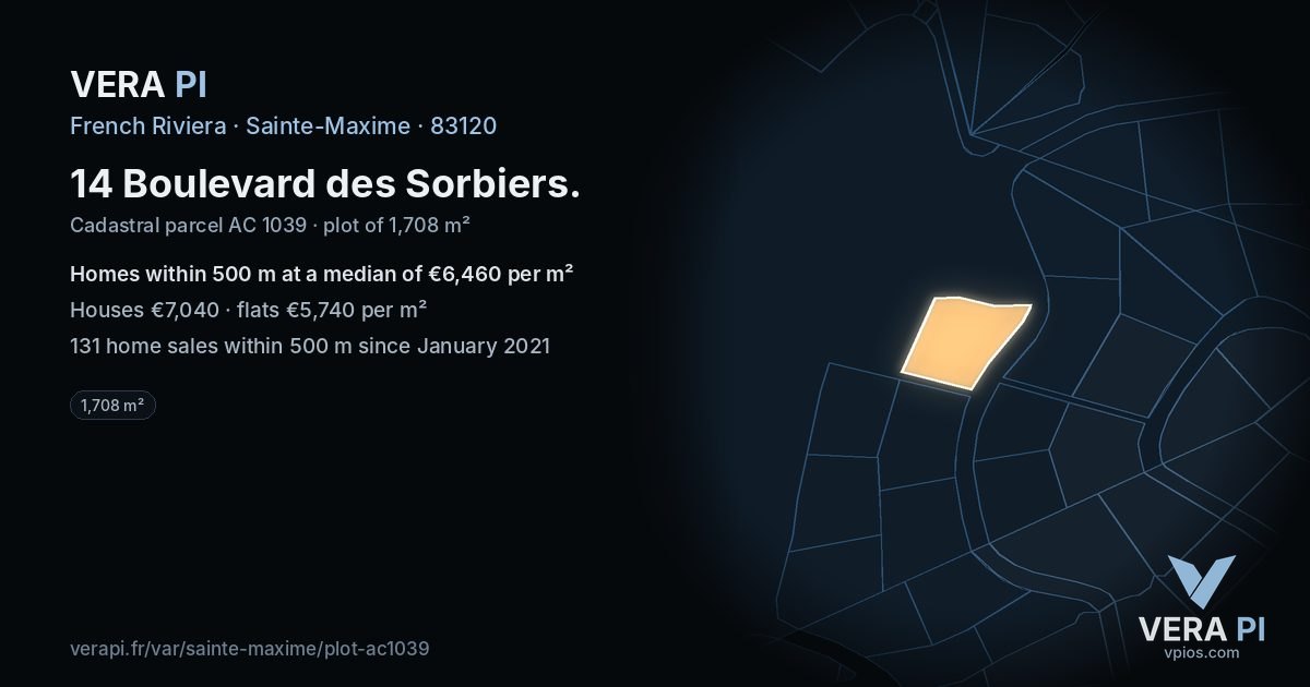 14 Boulevard des Sorbiers, Sainte-Maxime at night – the plot lit, the parcels around coloured by the prices near them
