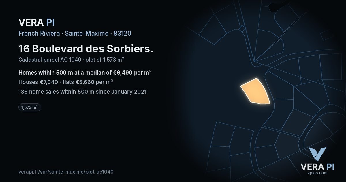 16 Boulevard des Sorbiers, Sainte-Maxime at night – the plot lit, the parcels around coloured by the prices near them